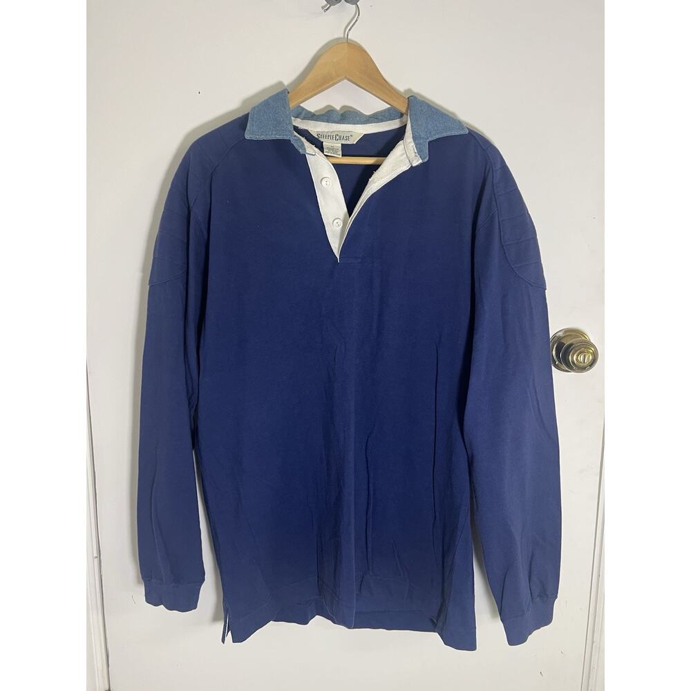 Vintage Steeplechase Men’s Rugby Shirt Size Medium Quilted Shoulders Cotton Blue